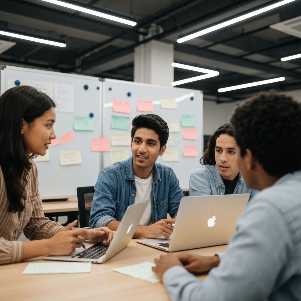 Students collaborating in a startup office